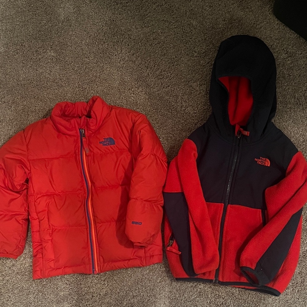 The North Face Red Puffer and Red-Blue Fleece Jackets